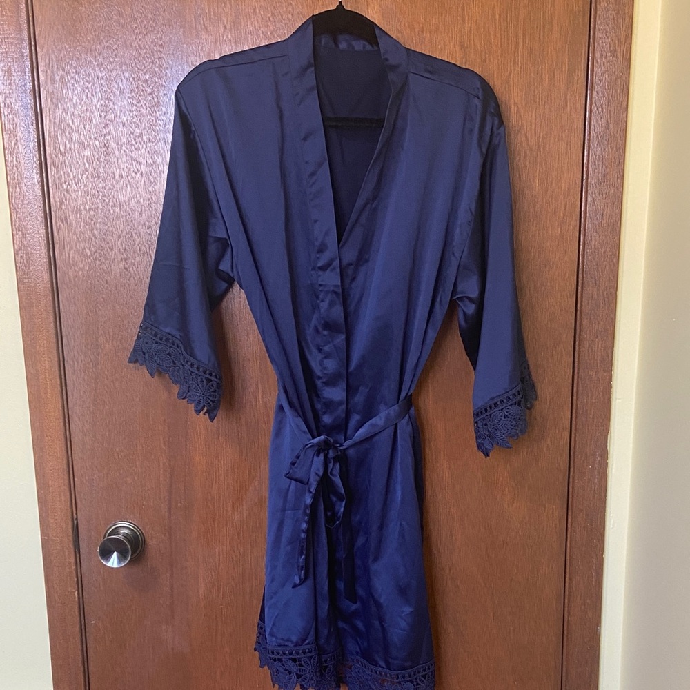 Navy Lace-Trim Satin Robe with Waist Tie